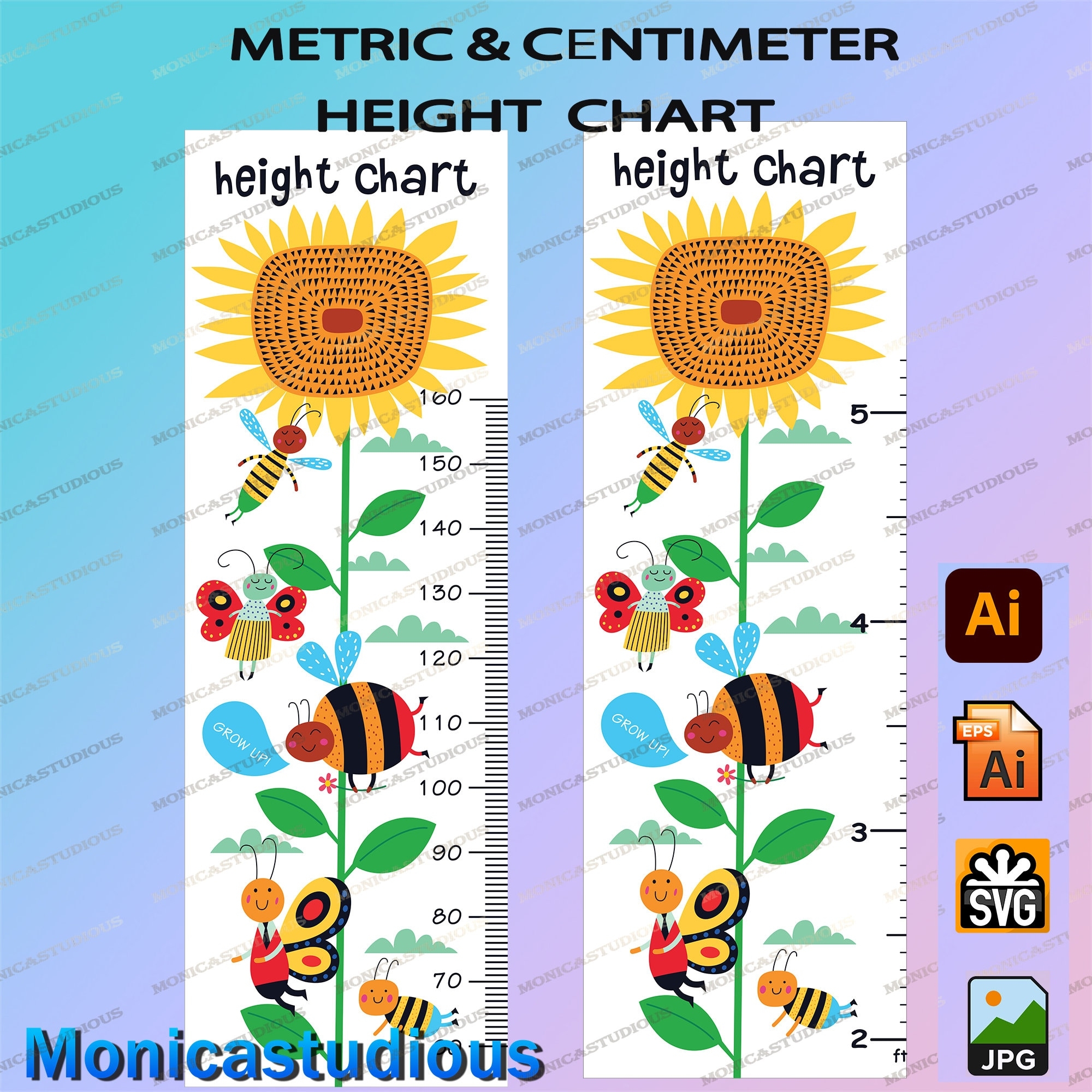 Sunflower Bee Kids Height Chart Cartoon Animals Growth Ruler digital Print Etsy