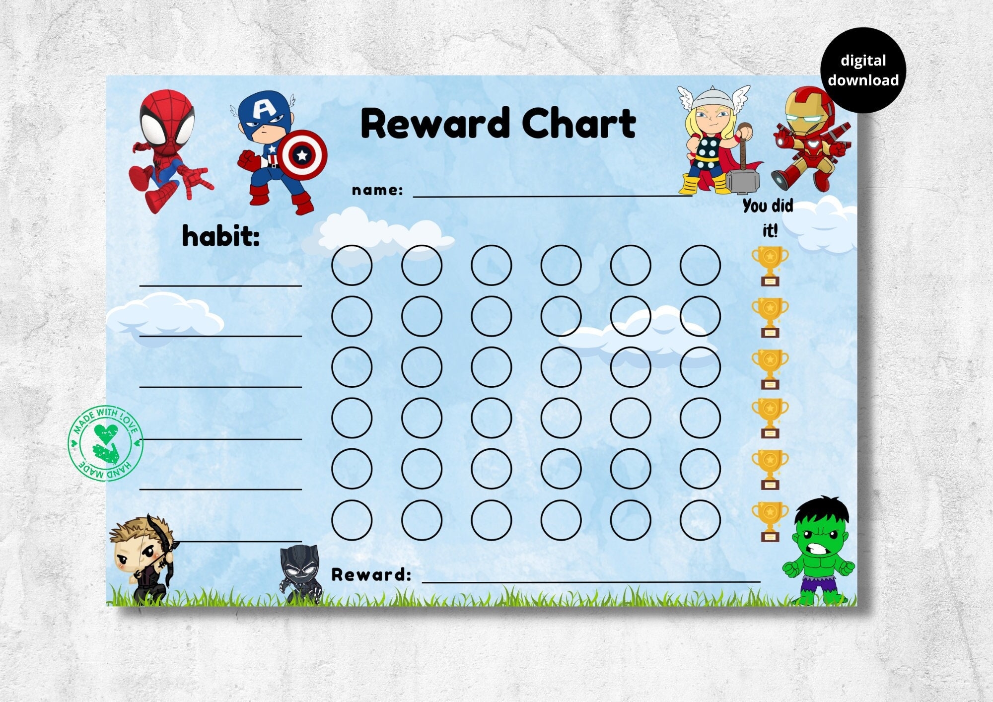 Superhero Reward Chart For Kids Behaviour Chart Habit Tracker Super Hero Printable Download Digital Etsy