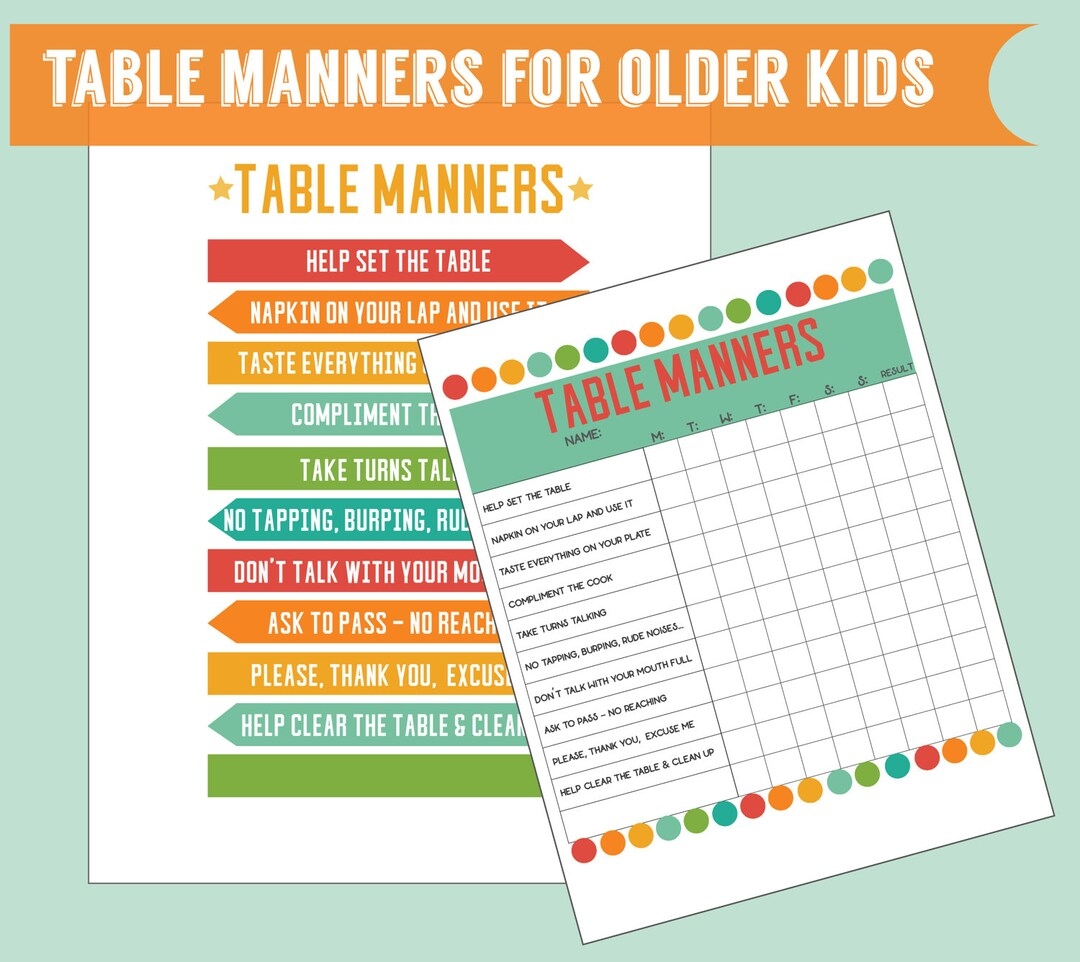 Table Manners For Older Kids Set Of 2 Digital Printables Kids Chart Printable Kids Learning Printable Poster And Reward Chart Set Of 2 Etsy