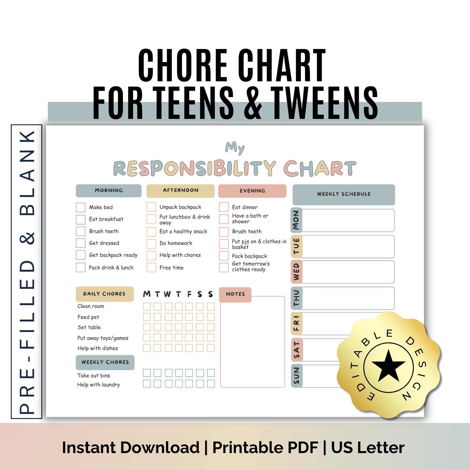 Teen Chore Chart Editable Responsibility Chart Daily Weekly digital PDF Canva Template Etsy