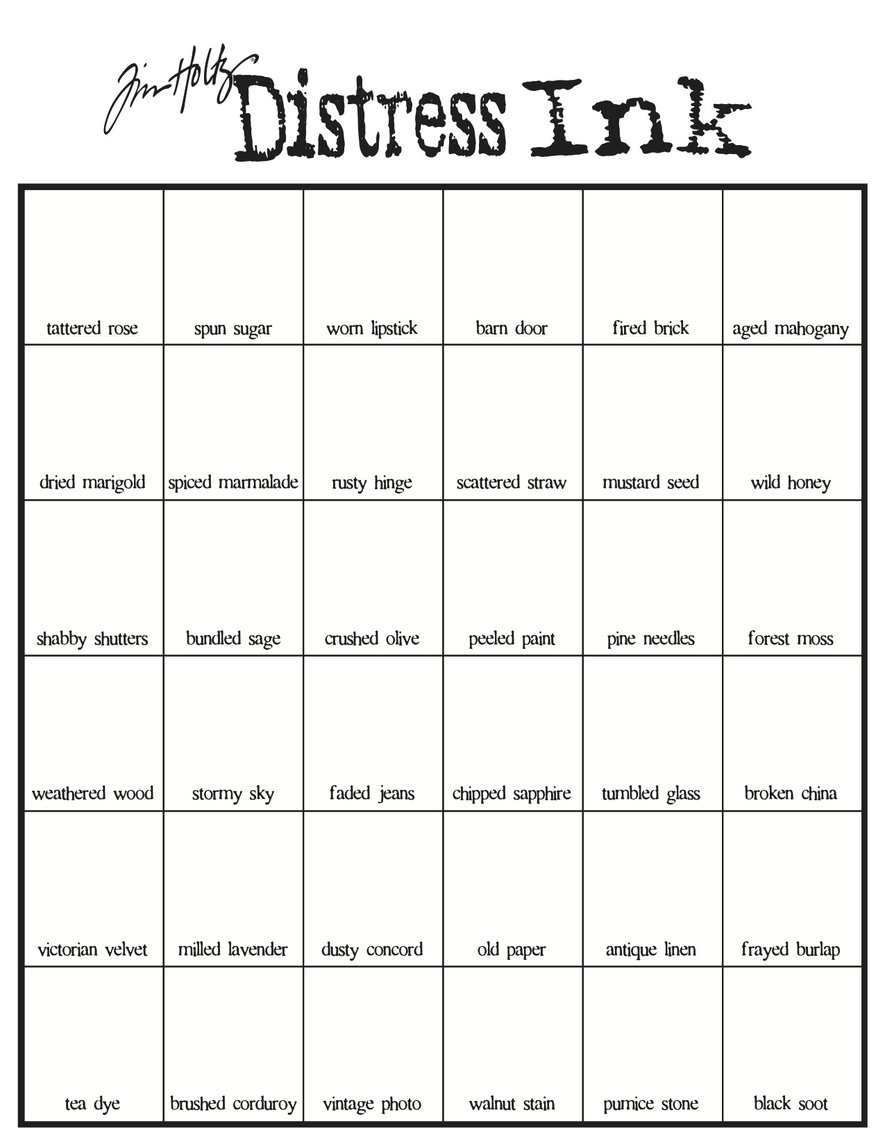 Distress Ink Color Chart Printable