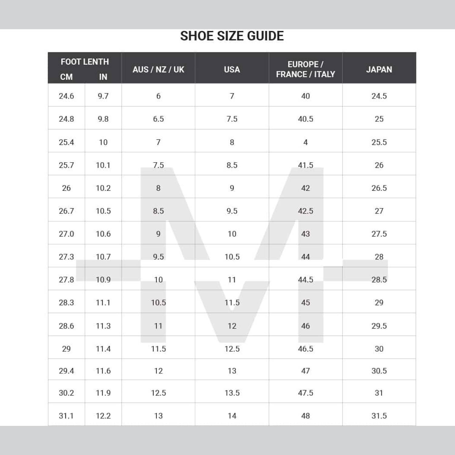 Printable Mens Shoe Size Chart Uk