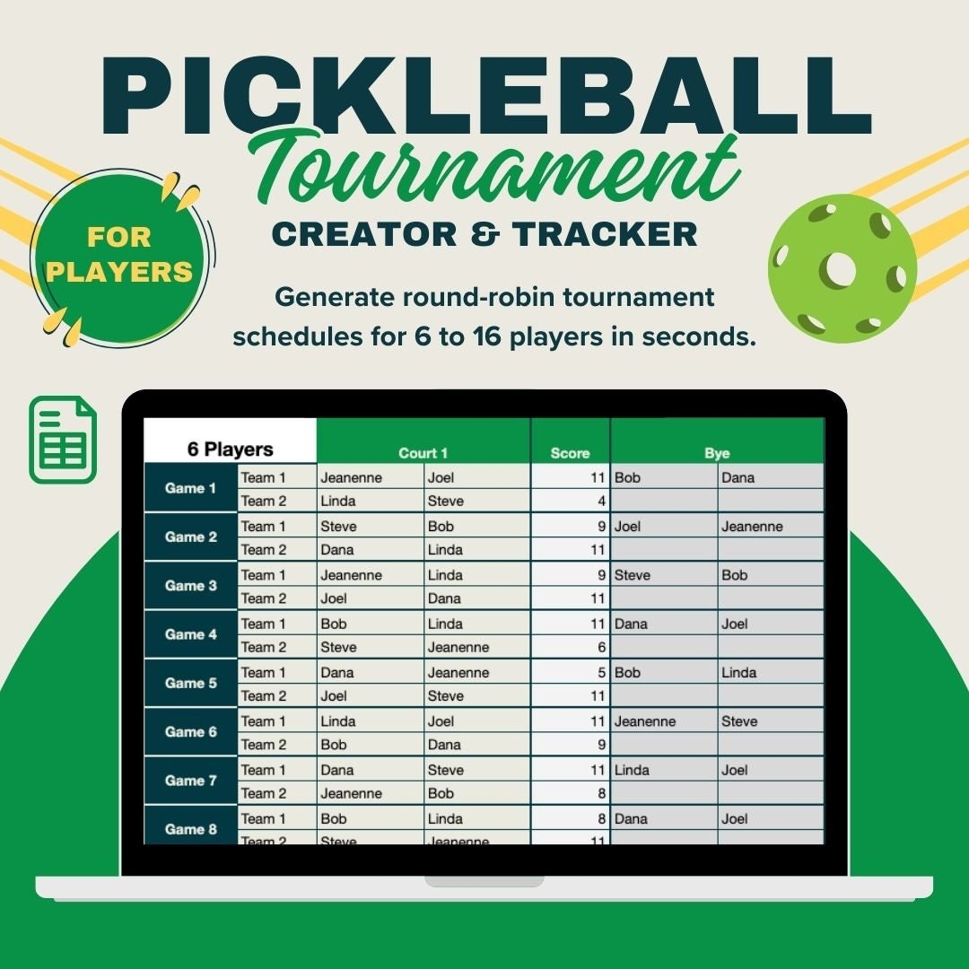 Ultimate Pickleball Tournament Spreadsheet Player Tournament 6 To 16 Player Round Robin Scoring Tracker Player Tracker Google Sheets Etsy