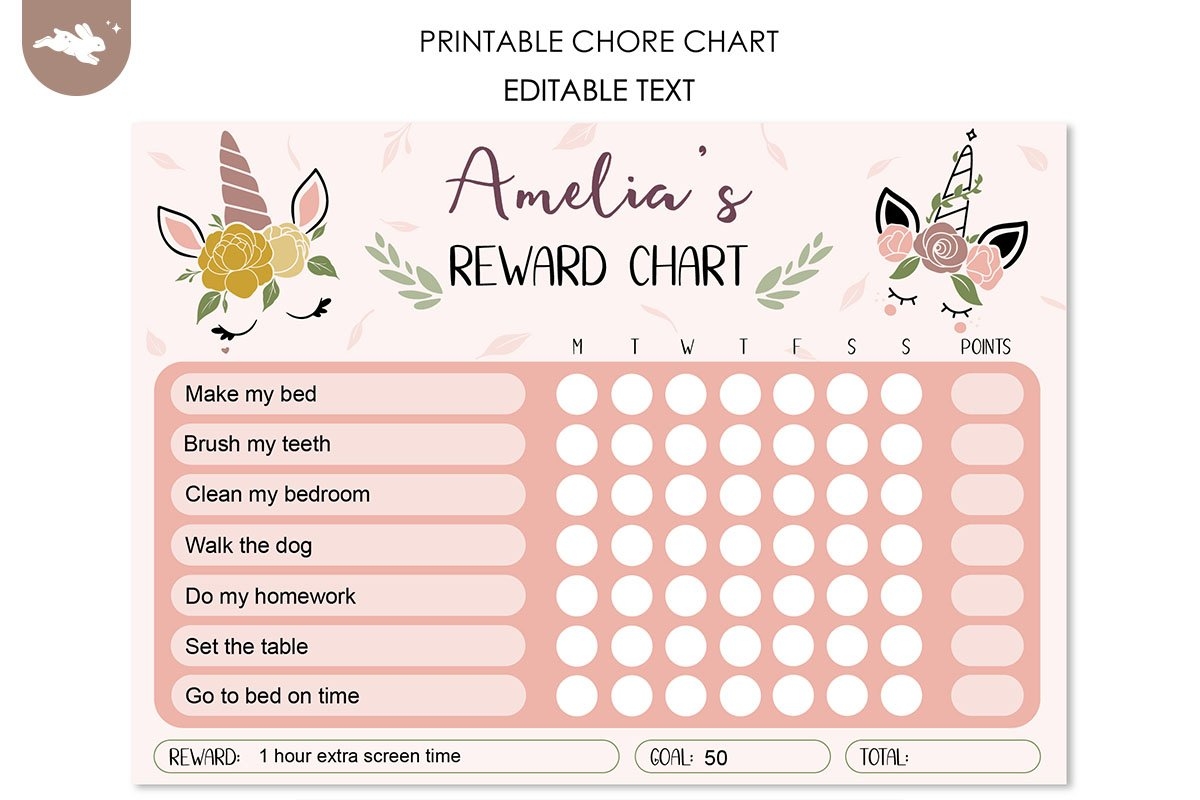 Unicorns Weekly Chore Chart Editable PDF Kids Chore Chart Unicorns Weekly Chore Chart Editable PDF Kids Chore Chart