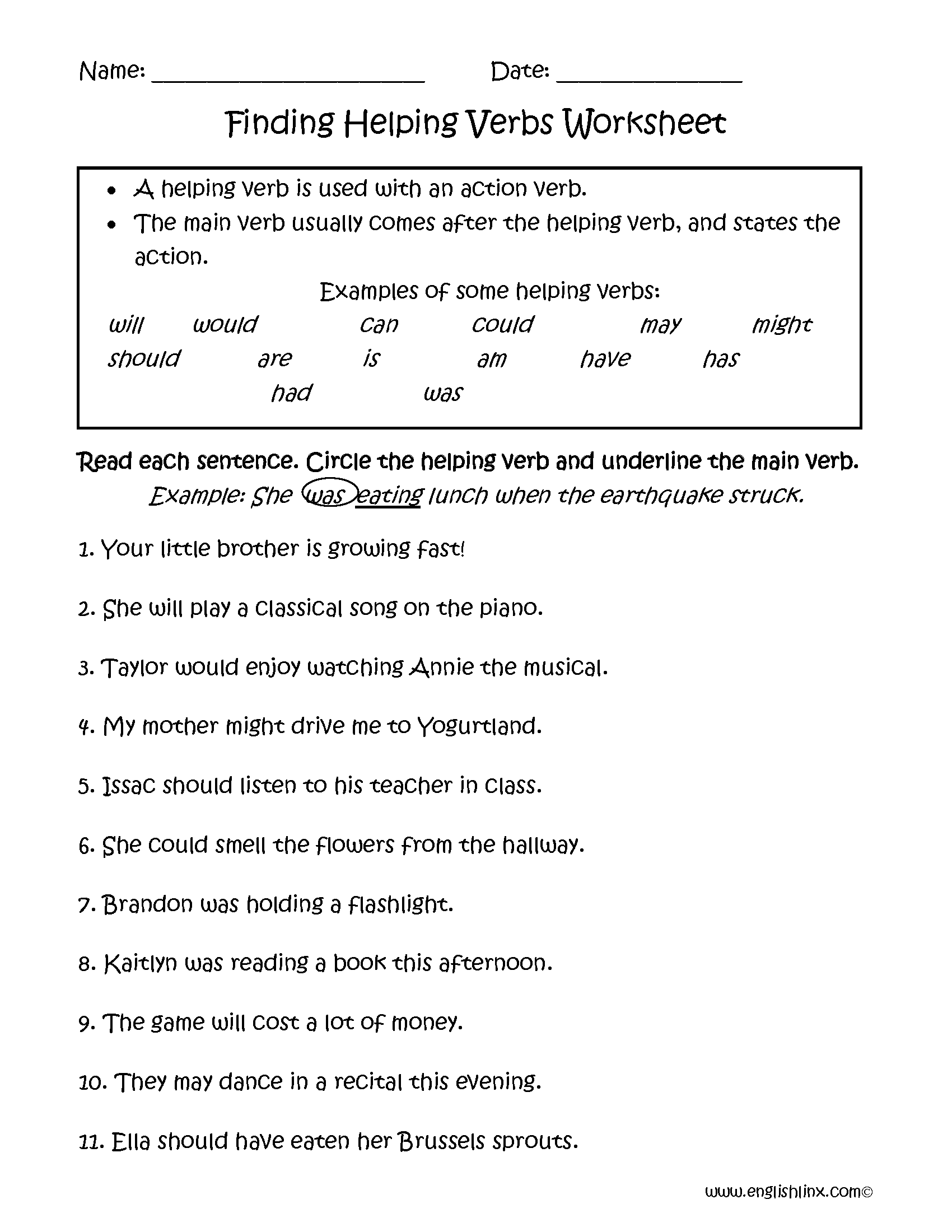 Printable Helping Verbs Chart