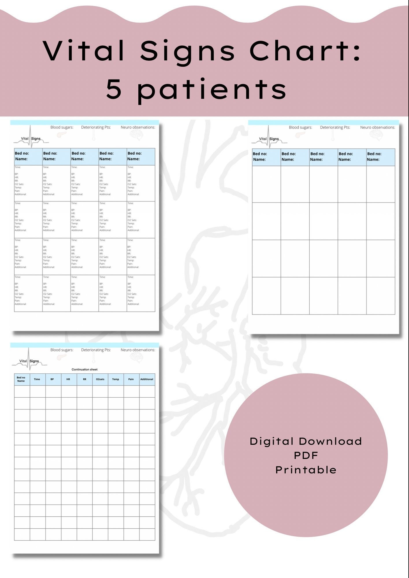 Vital Signs Chart Template 5 Patients Registered Nurses Student Nurses Healthcare Assistants Cnas Etsy