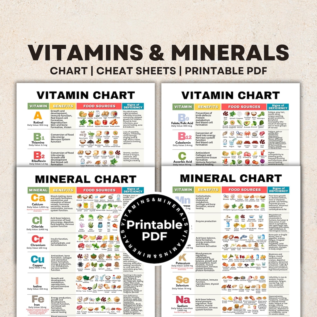 Vitamin Mineral Chart Cheat Sheets And Visual Guide For All 14 Vitamins 14 Minerals Essential Micronutrients Chart Dietitian s Printable Etsy Sweden