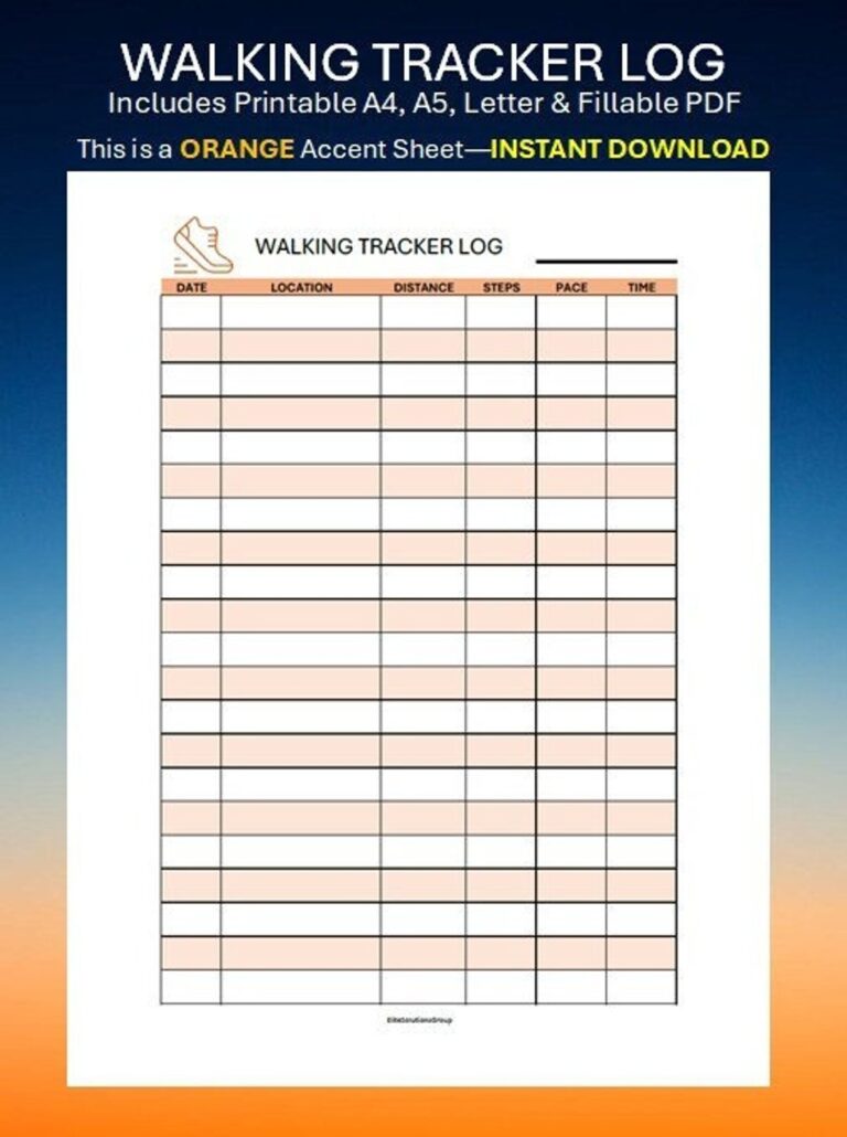 Walking Tracker Printable Walking Journal Walking Log Daily Exercise Planner Health Fitness A4 a5 letter Instant Download PDF Orange Etsy