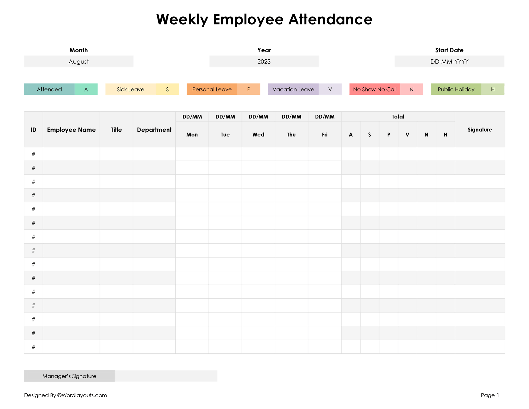 Employee Attendance Chart Printable