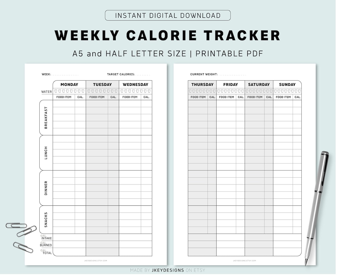 Weekly Calorie Tracker Printable Calories Journal A5 half Letter Size Instant Download PDF Etsy