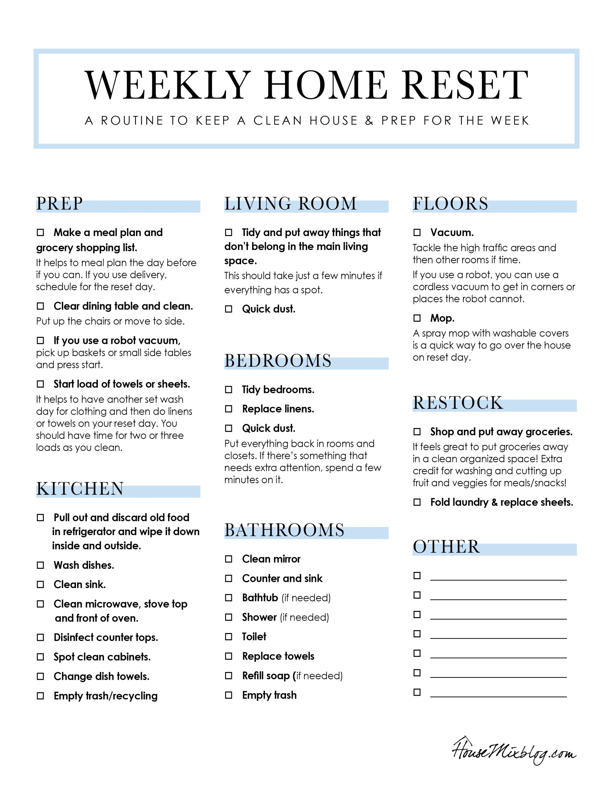 Weekly Home Clean Reset Routine Printable House Mix