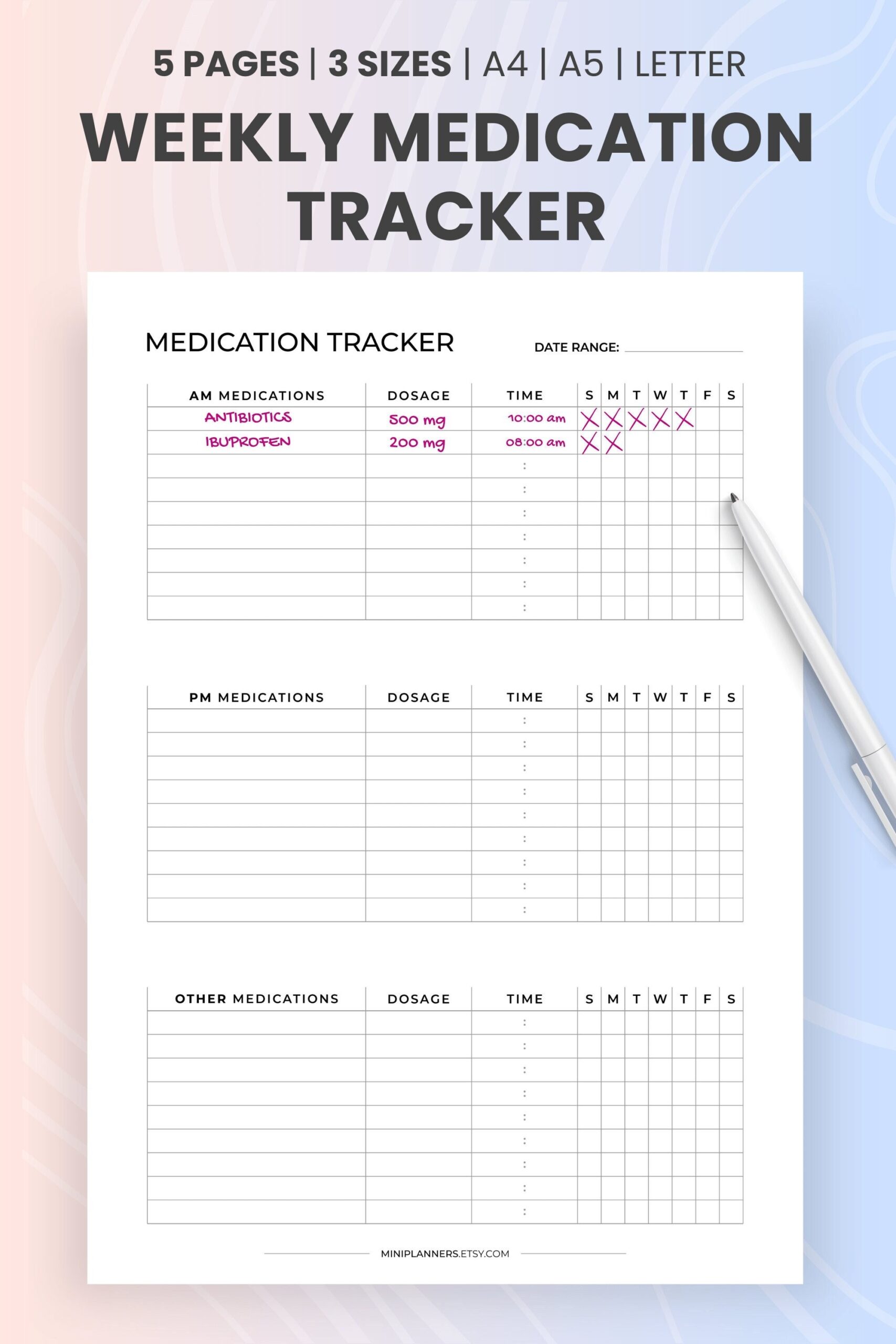 Weekly Medication Log Printable AM PM Daily Medication Schedule Pill Reminder Vitamin Tracker Medication Chart PDF A4 A5 8 5 X 11 Etsy
