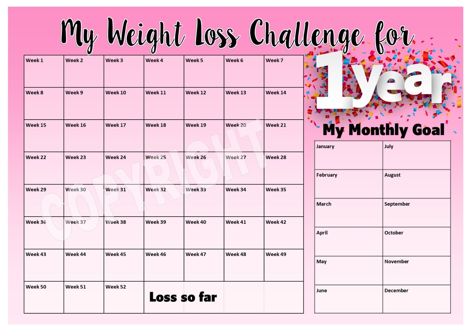 Weight Loss Chart Tracker 1 Year Weigh Loss Challenge Chart Weight Loss Motivation A4 Laminated 300gsm Card Pink Etsy