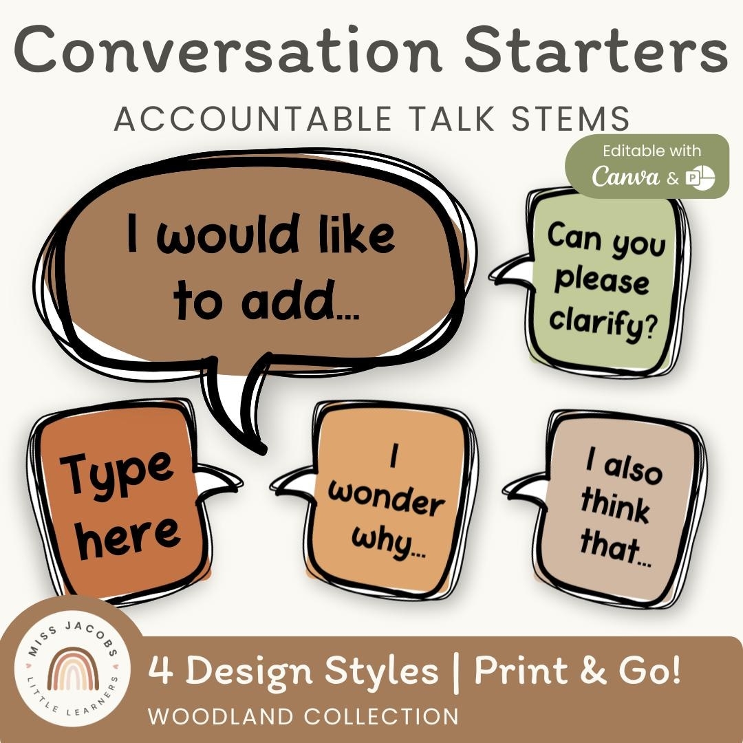 Woodland Conversation Starters Posters Accountable Talk Stems Anchor Chart Printable Speaking Listening Cards Neutral Classroom Decor Etsy