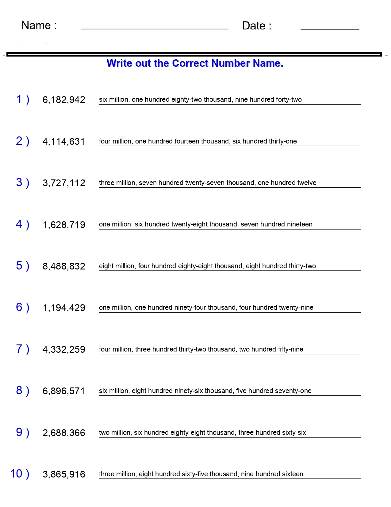 Word Names For Numbers In The Billions Worksheets 7 Digits 8 Digits Made By Teachers