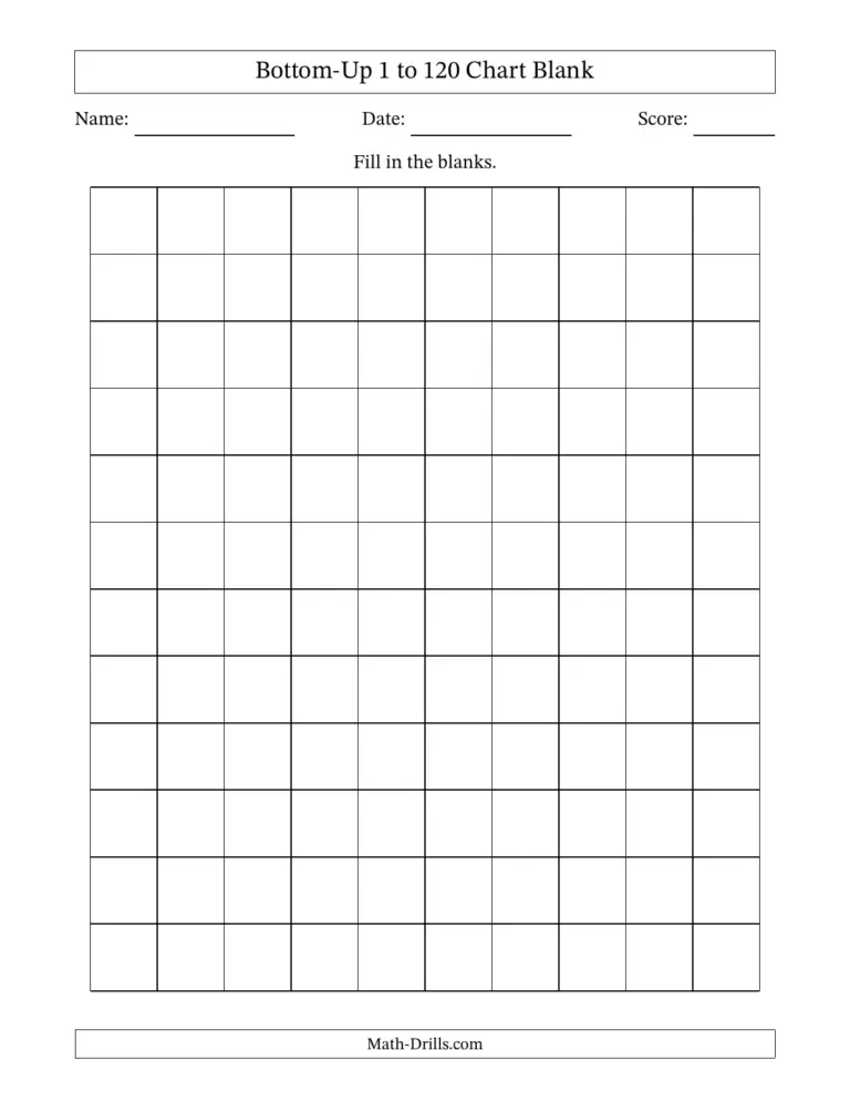 Free 120's Chart Blank Printable for filling in numbers and practicing math skills