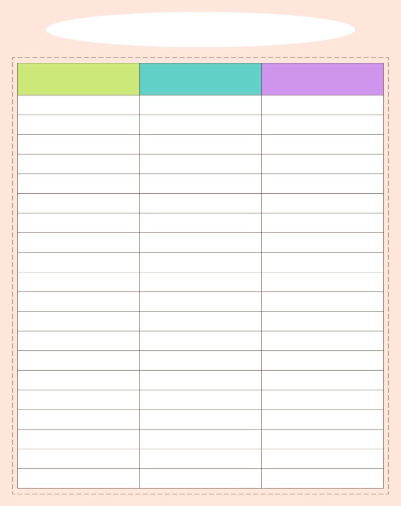 Free printable 3 By 3 Blank Chart with colorful header sections for organizing information