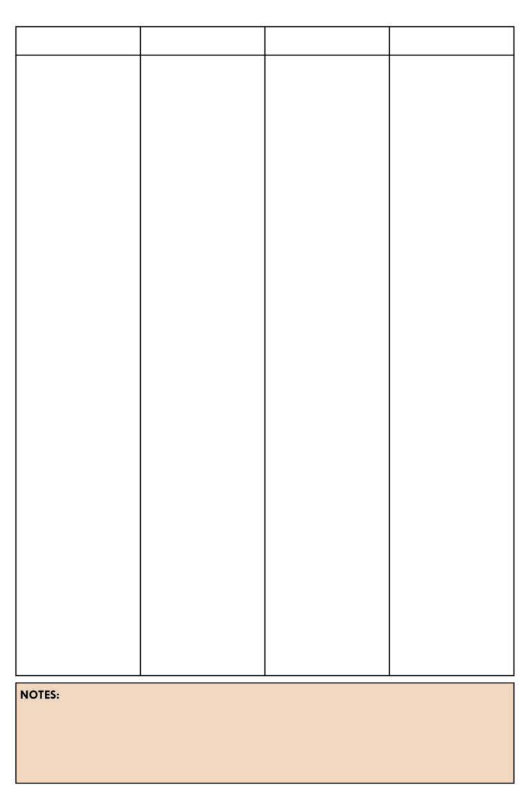 Free printable 4 By 6 Blank Table Chart template with four columns for organizing data