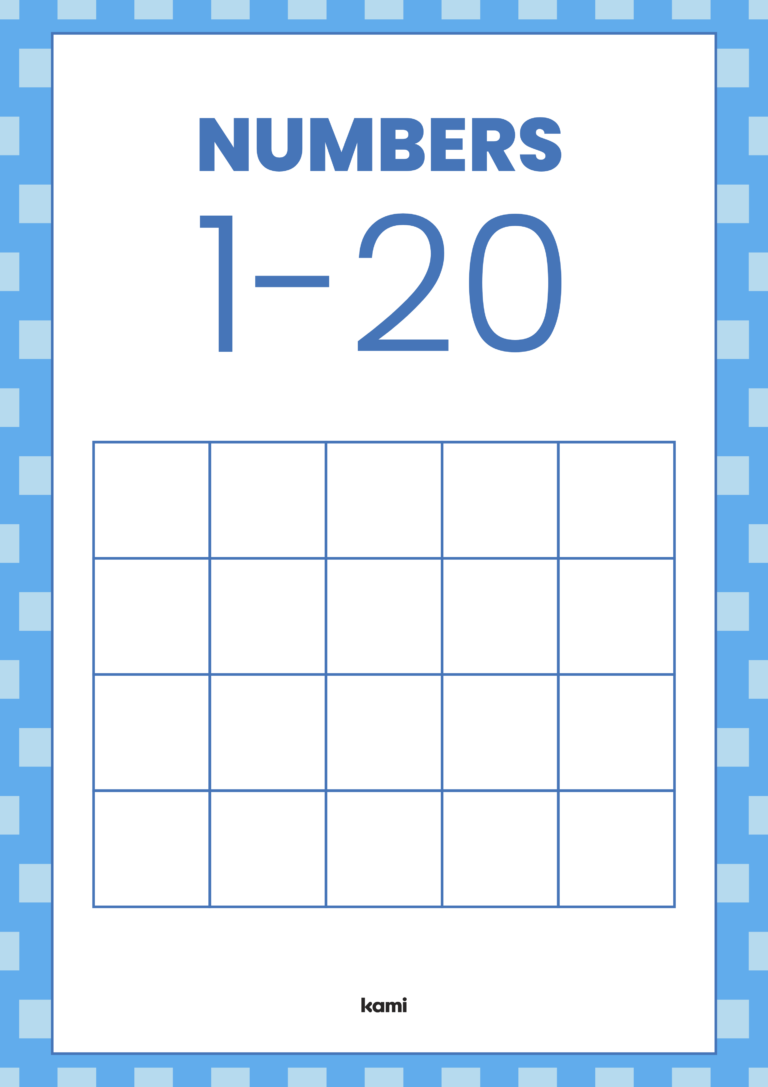 Free printable Blank 120 Chart For First Grade with a grid for numbers 1 to 20