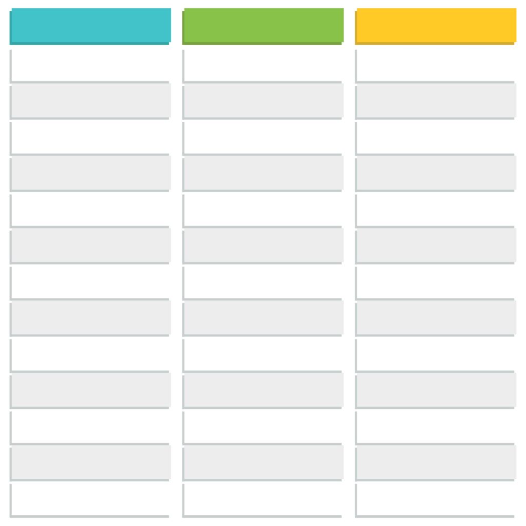 Free Blank 3 Table Spreadsheet Printable with three columns and empty rows for data entry