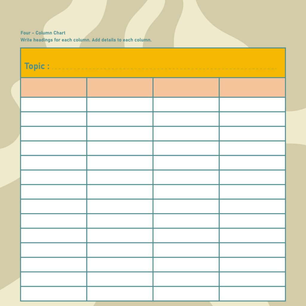 Free printable Blank 4 Column Chart Template with space for headings and details