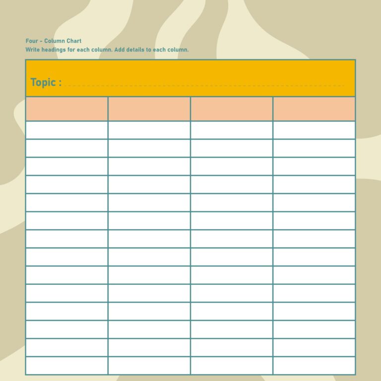 Free printable Blank 4 Column Chart Template with space for headings and details