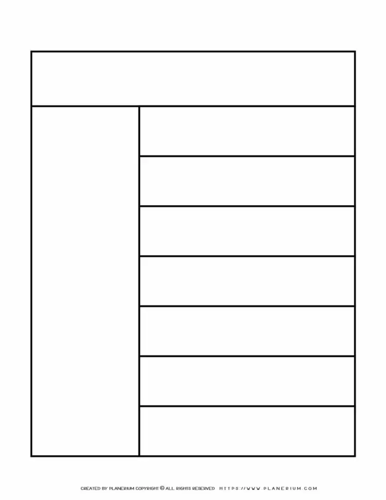 Blank 7 Space Chart Template for Organizing Information Free printable Blank 7 Space Chart Template featuring one column and seven rows for easy organization