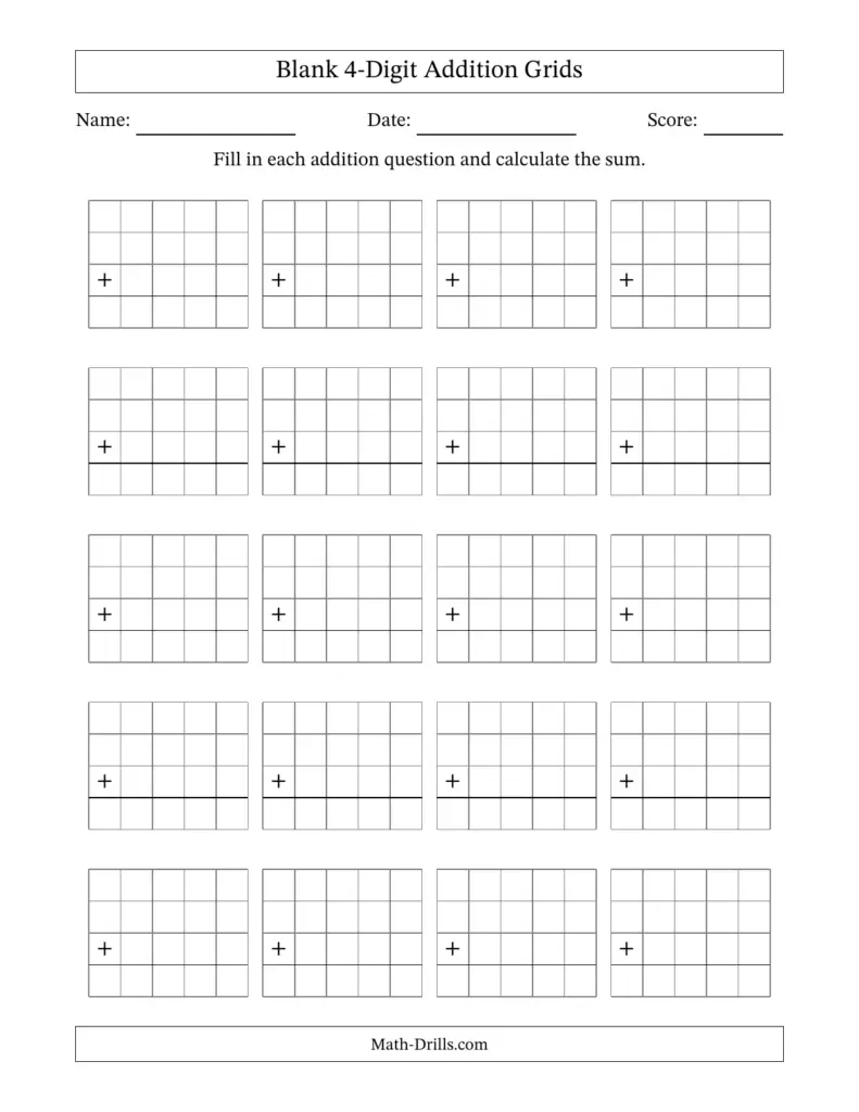 Blank Addition Grids for 4-Digit Numbers