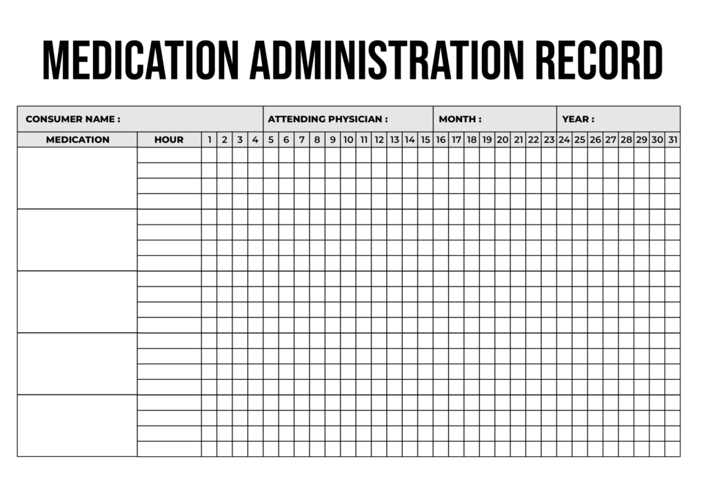 Free printable Blank Chart Template For Dispensing Medication with a detailed administration record layout