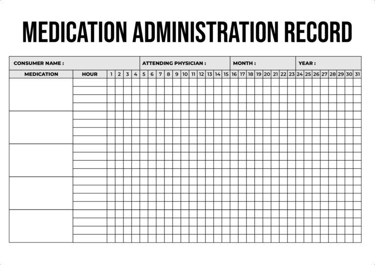 Free printable Blank Chart Template For Dispensing Medication with a detailed administration record layout