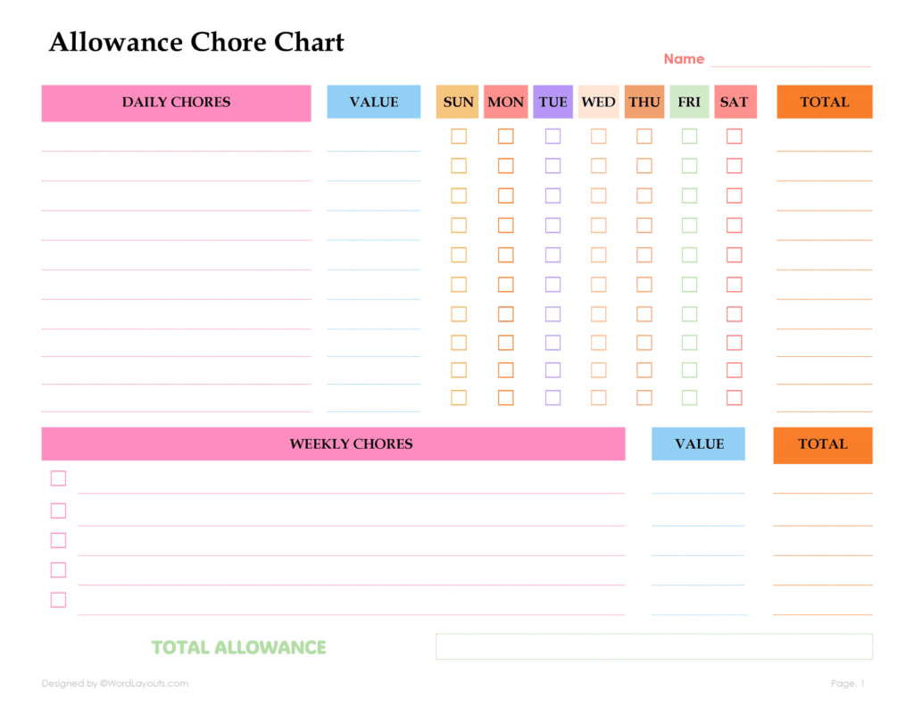 Blank Chart Template Free Download - Free printable allowance chore chart with daily and weekly sections for tracking chores
