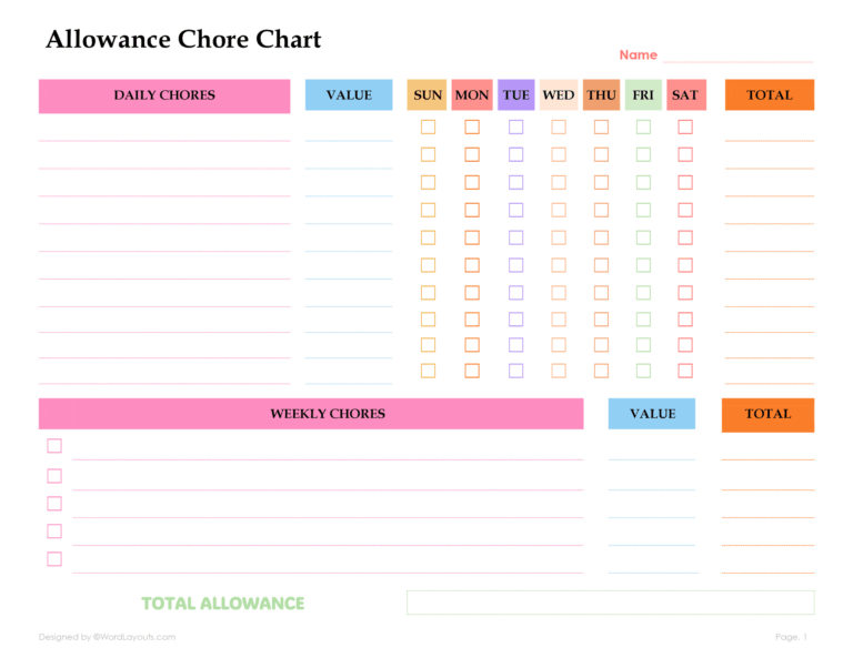 Blank Chart Template Free Download - Free printable allowance chore chart with daily and weekly sections for tracking chores
