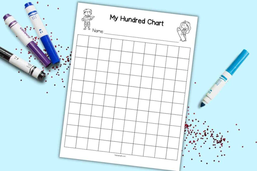 Blank Chart Templates For Kids - Free printable blank 100 chart template for kids with space for names and colorful markers