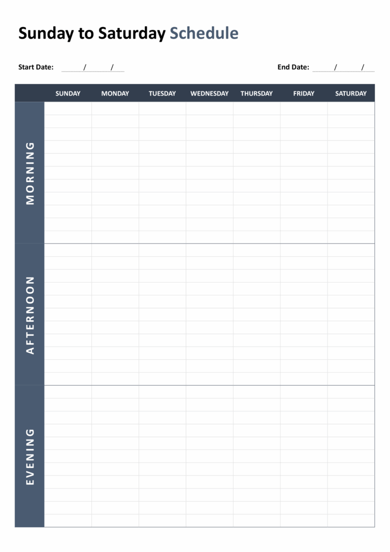 Blank Charts Evening To Print - Free printable Sunday to Saturday schedule template with blank sections for morning, afternoo