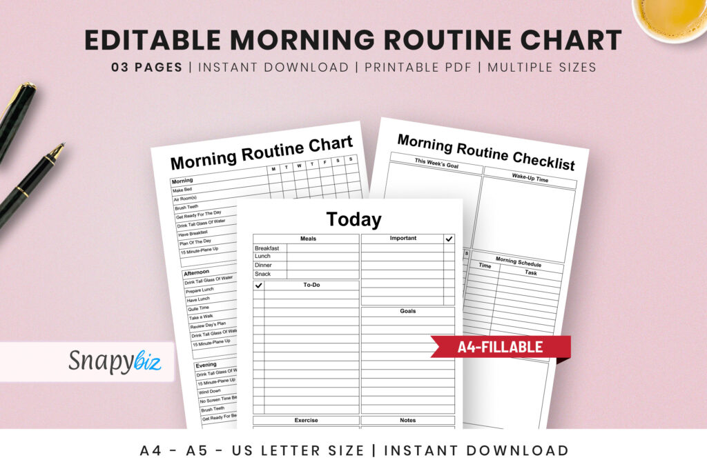 Free printable blank charts morning to print, featuring a morning routine checklist and editable sections