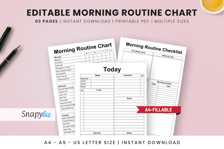 Free printable blank charts morning to print, featuring a morning routine checklist and editable sections