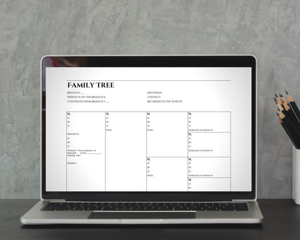 Printable blank descendancy charts for computers showing a family tree layout