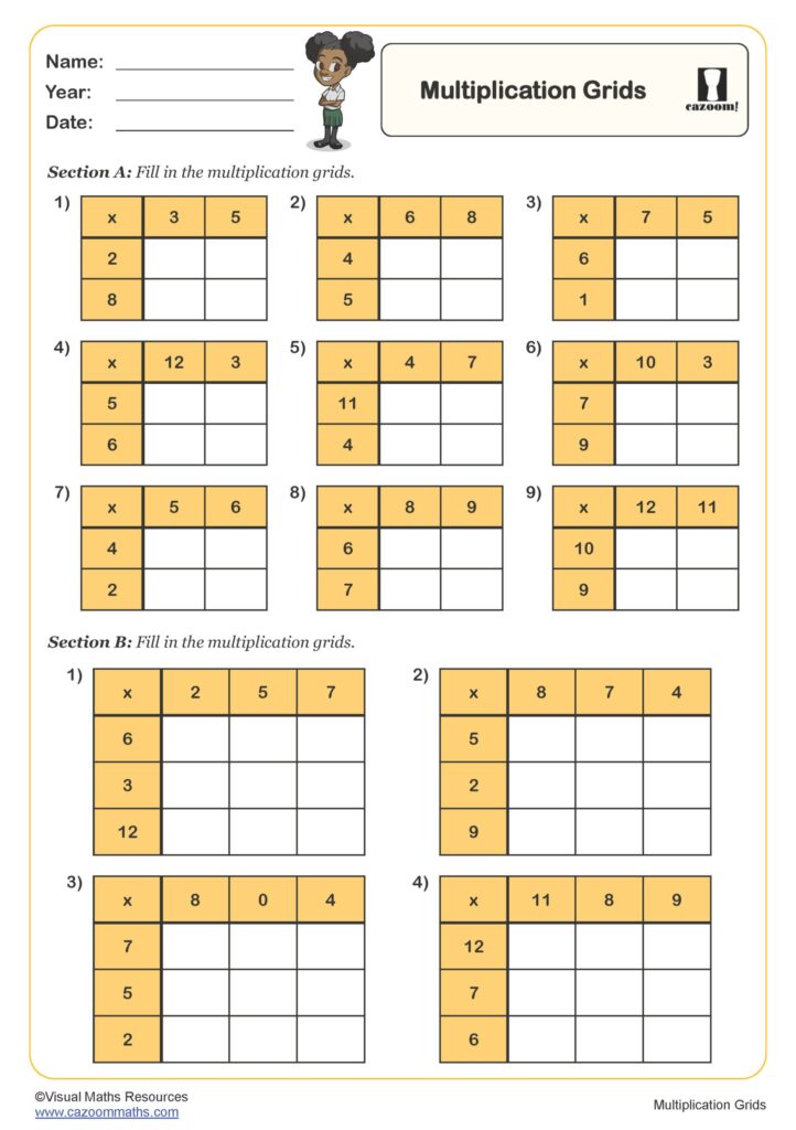 Free printable blank grid for multiplication table with sections for filling in answers