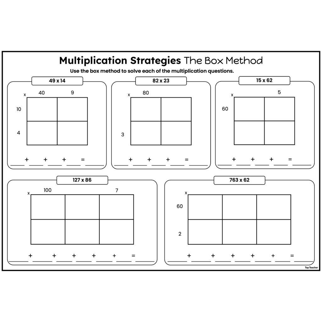 Free printable Blank Multiplication Square Primary Resources featuring box method multiplication worksheets