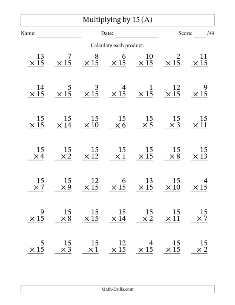 Free printable Blank Multiplication Table Up 15 for practicing multiplication skills