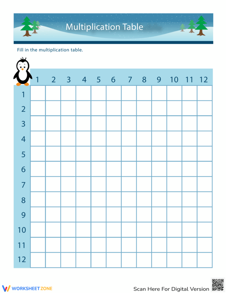 Free printable Blank Multiplication Table Worksheet 0 12 with a penguin design for kids