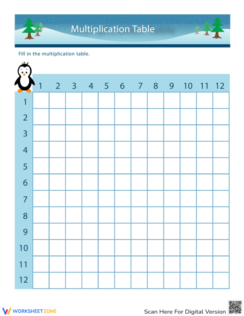 Free printable Blank Multiplication Table Worksheet 0 12 with a penguin design for kids