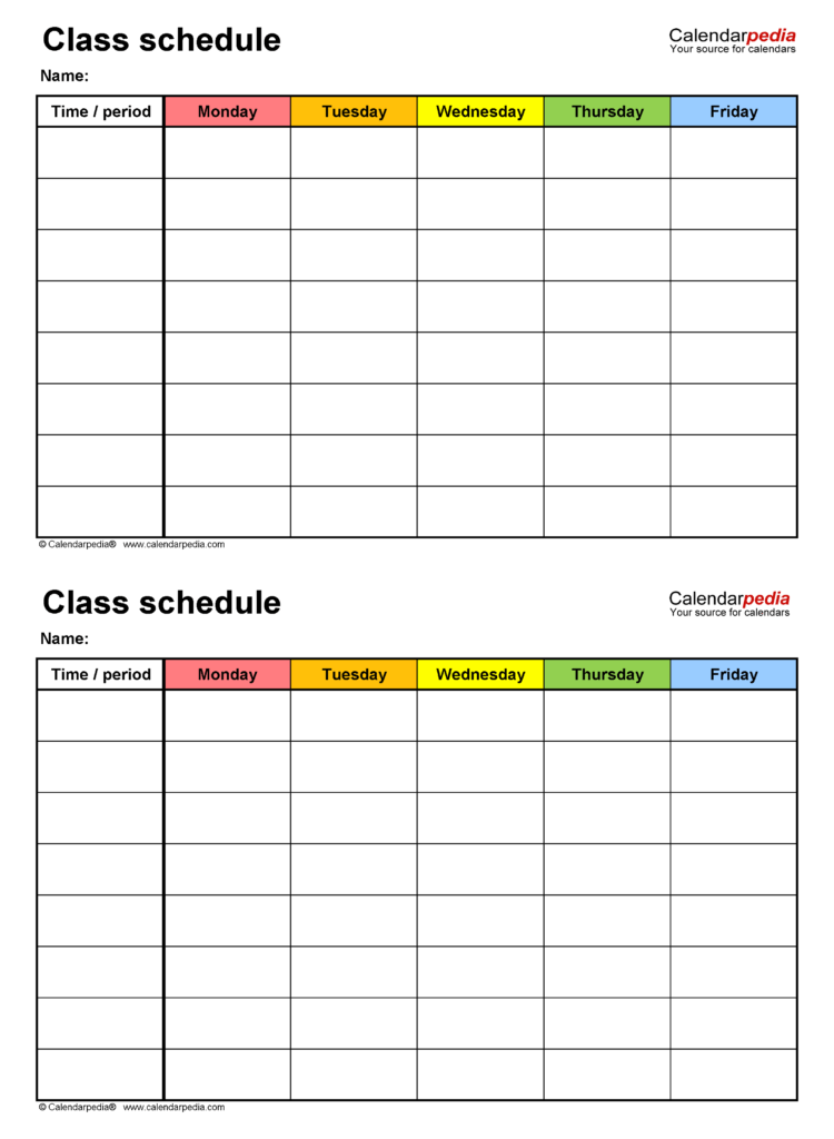 Free printable Blank School Schedule Chart Printable with sections for each weekday