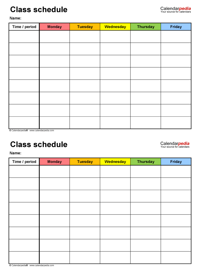Free printable Blank School Schedule Chart Printable with sections for each weekday