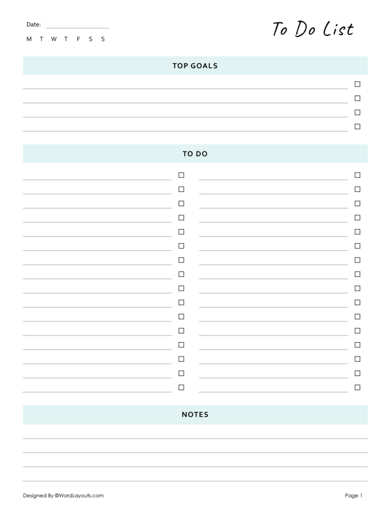 Free printable Blank Table To Print Editable with sections for goals and tasks