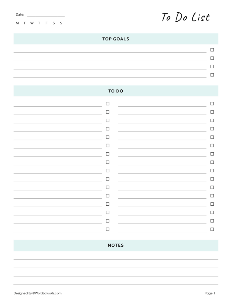 Free printable Blank Table To Print Editable with sections for goals and tasks