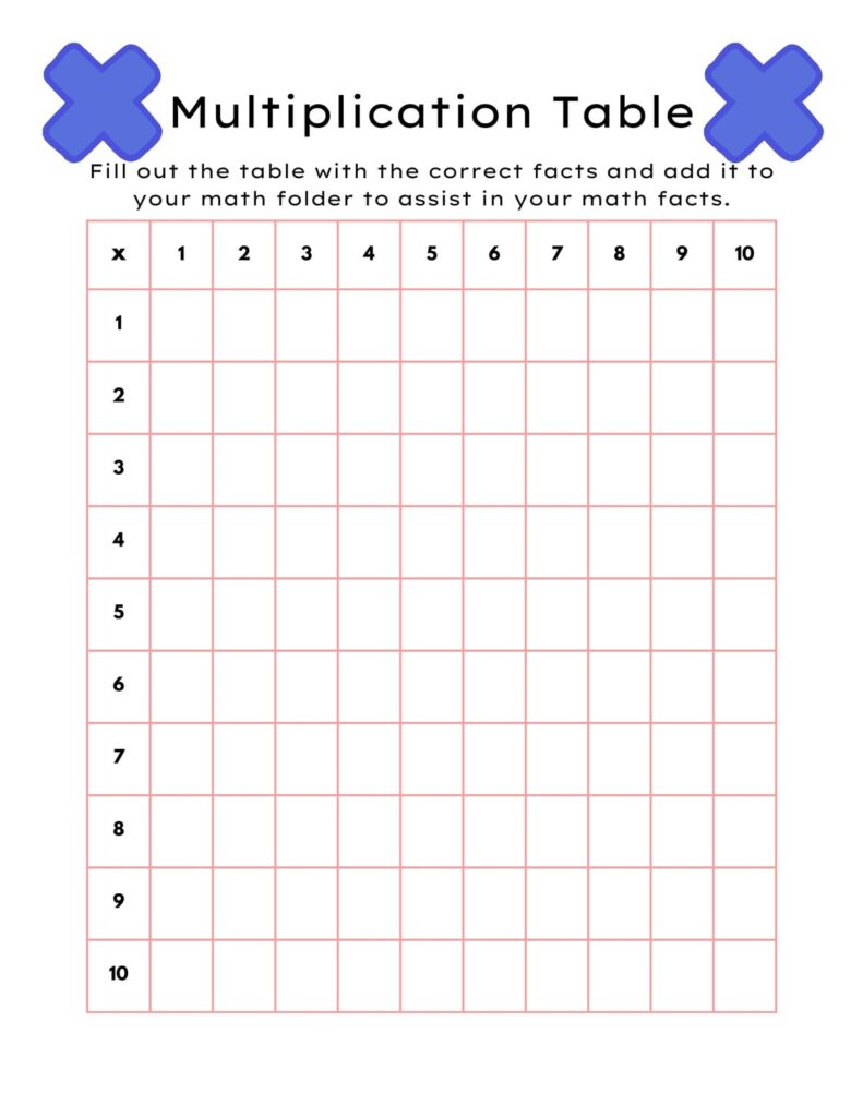 Free Blank Times Table Worksheet Printable for students to practice multiplication facts