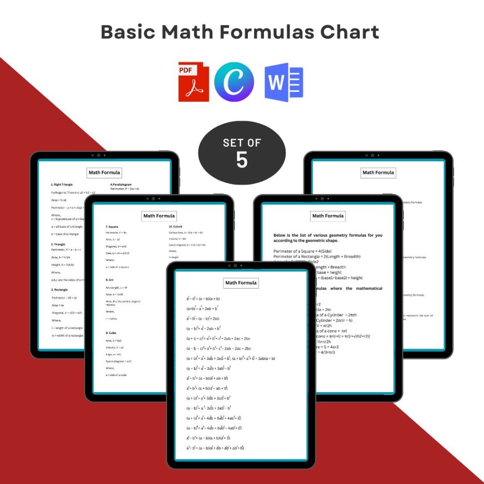 Charts Of Formulas On Word – Basic Math Formulas Chart Template Printable PDF, Word Charts Of Formulas On Word - Basic Math Formulas Chart Template Printable PDF, Word