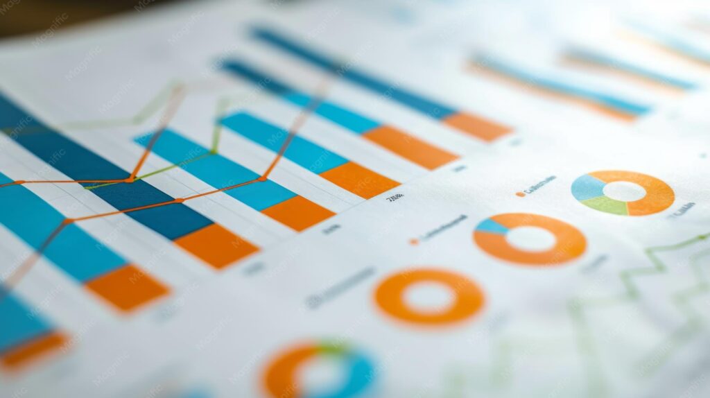 Closeup of printed data charts including bar graphs line graphs and pie ...