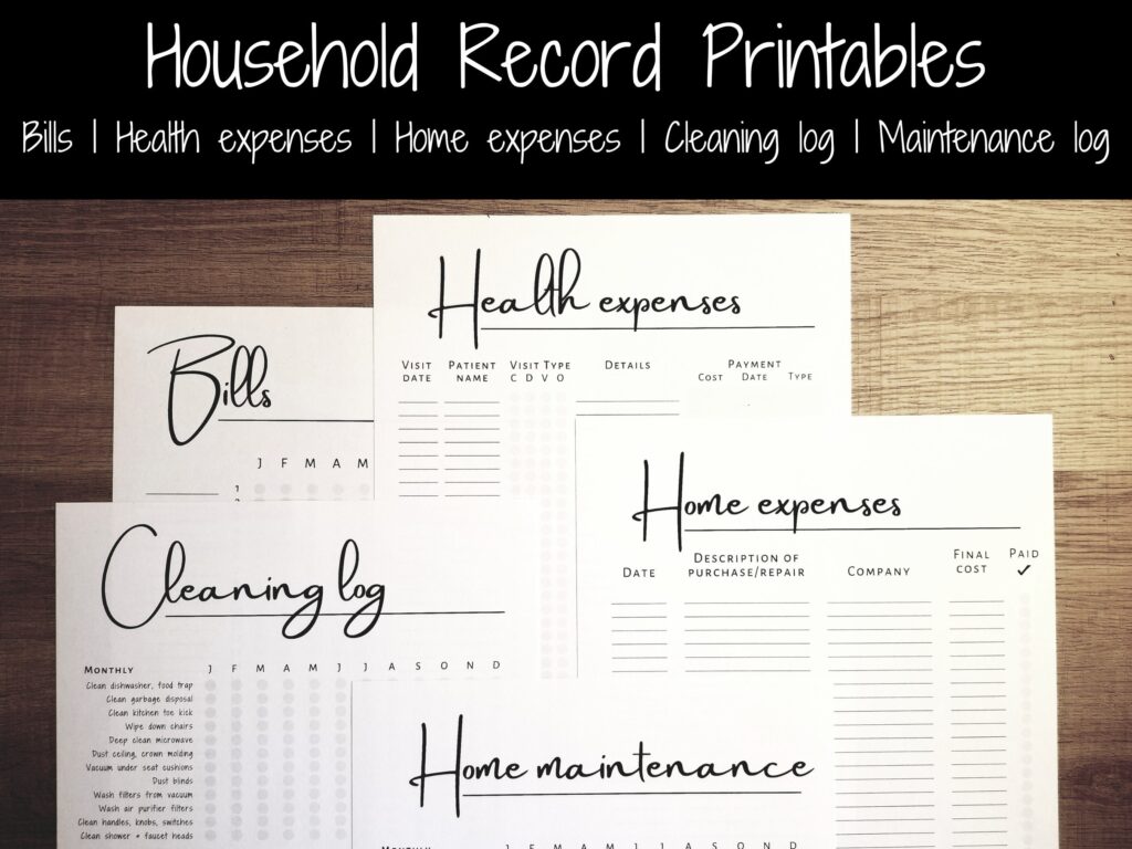 Easy Printable Records Charts For Home - Printable Household Record Sheets: Bill Tracker, Health Expenses, Home ...